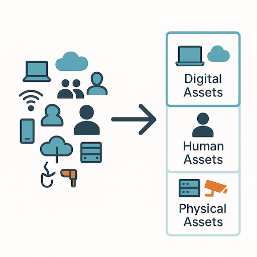 A cluttered cloud of digital icons transformed into an organized map of asset categories.