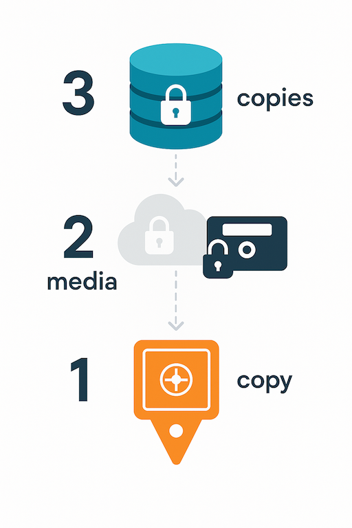Infographic showing the 3-2-1 backup rule with three backup drives, two media types—a cloud and a tape—and one off-site vault, each secured with padlock icons.