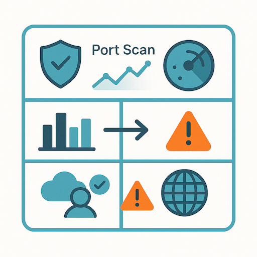 Flat dashboard with charts and icons showing real-time cyber monitoring and scanning activity.
