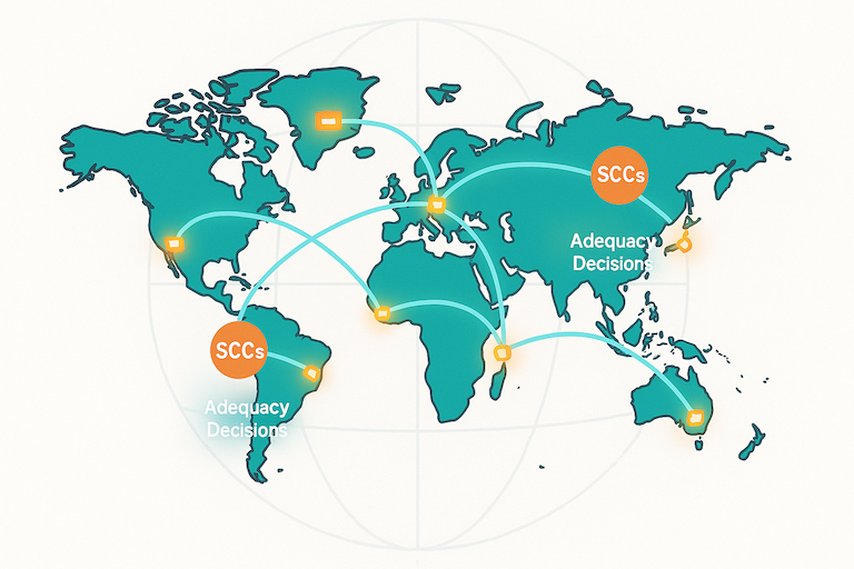 Stylized illustration of global data transfers with secure legal mechanisms like SCCs and adequacy decisions marked on routes.