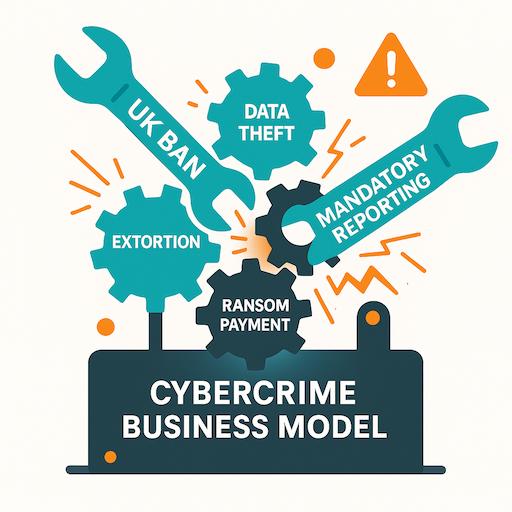 Illustration of a machine symbolizing the cybercriminal business model being disrupted by UK policies.