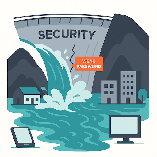 Illustration of a dam cracking due to a weak password, symbolizing a security breach impacting businesses downstream.