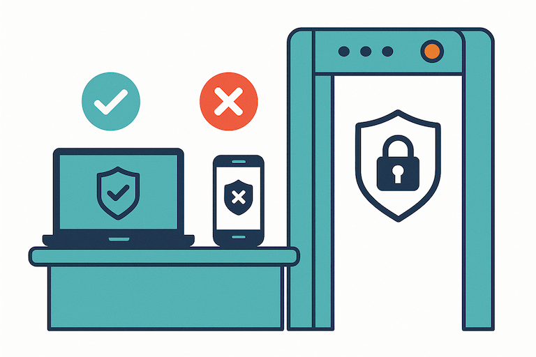 Illustration of digital checkpoint with devices being scanned for antivirus, updates, and encryption before access.