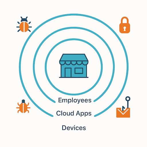 Concentric circles around a small business icon, illustrating expanding layers of cyber attack surface.