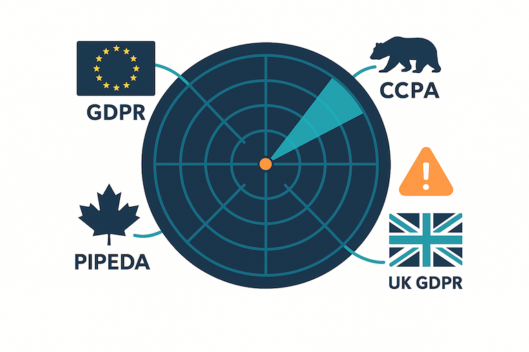 Radar detecting breach notification requirements across global jurisdictions like GDPR, CCPA, and PIPEDA.