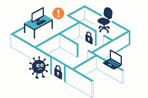 Illustration of a segmented office layout with a cyber threat stopped by a locked door, symbolizing network microsegmentation.