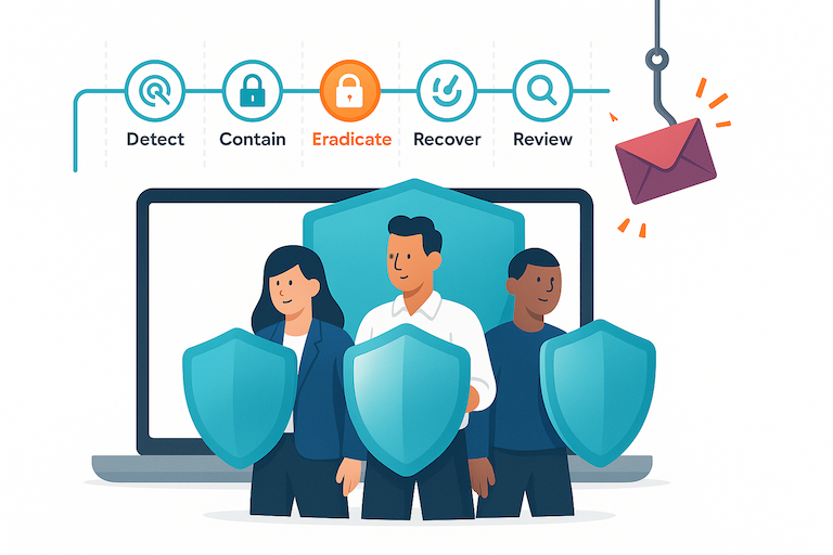 Illustration of three employees standing in front of a large laptop, each holding a shield. A phishing hook with an envelope hangs above, with exclamation icons highlighting the threat.
