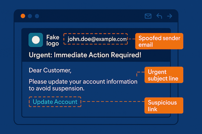 Illustration showing parts of a phishing email with red flags clearly labeled.