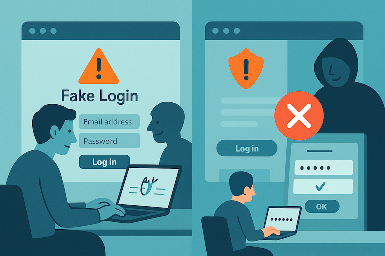 Side-by-side illustration showing phishing attack stopped by phishing-resistant MFA.