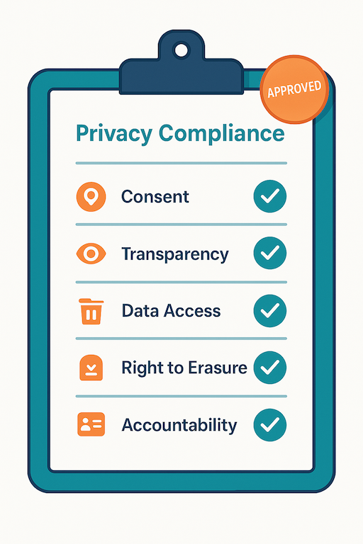 Illustration of a digital checklist with privacy compliance principles like consent, access, and accountability, each marked with checkmarks.