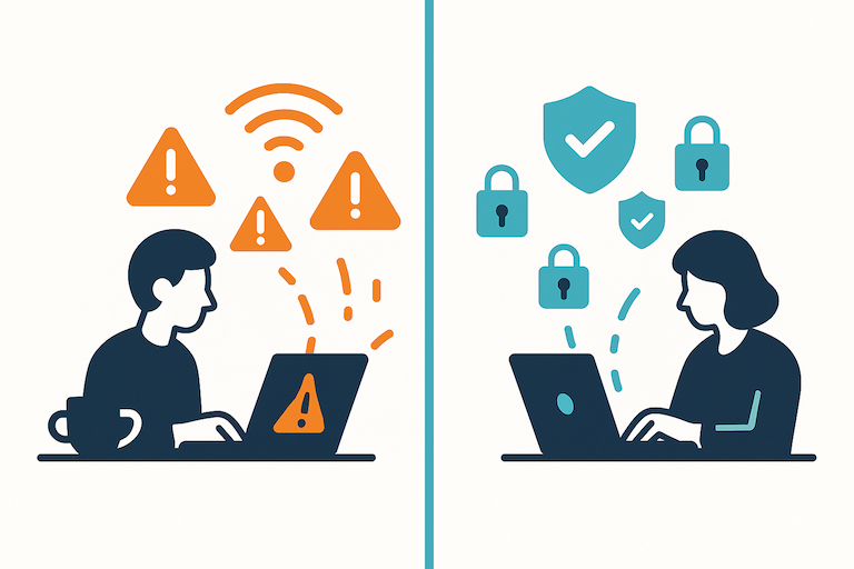 Split-panel showing insecure public Wi-Fi vs. secured VPN connection in a café environment.
