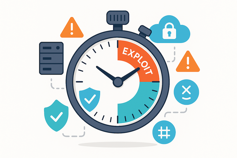 Flat illustration of a stopwatch racing toward an exploit zone with patch icons trying to block the attack.