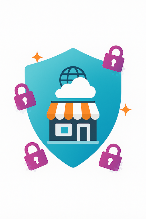 Vector illustration of a online shop protected by a shield, deflecting padlocks with sparks, representing ransomware protection for SMBs.