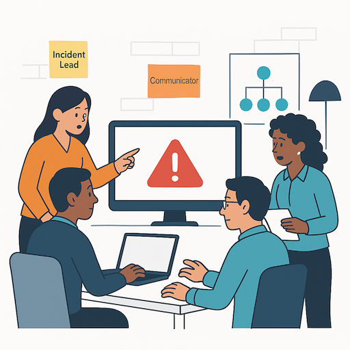Small business team responding to a cyber alert with assigned roles and visible coordination.