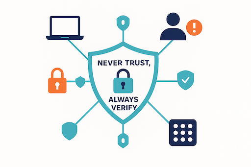 Illustration of isolated devices and users connected to a central shield labeled “Never Trust, Always Verify.”